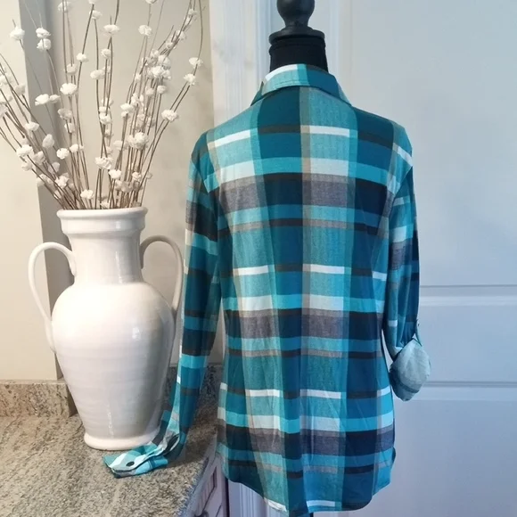 Teal and Black Plaid Women's Button Down Shirt - Picture 3 of 8
